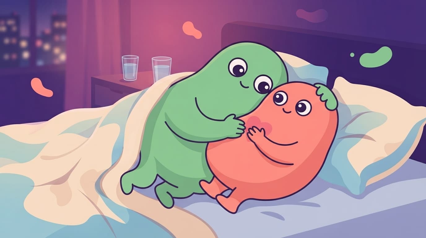 the coral and mint peek partners lie tangled together under a blanket in low lamplight afterwards, one resting a hand on the other's chest, both loose and unguarded in a calm city bedroom.