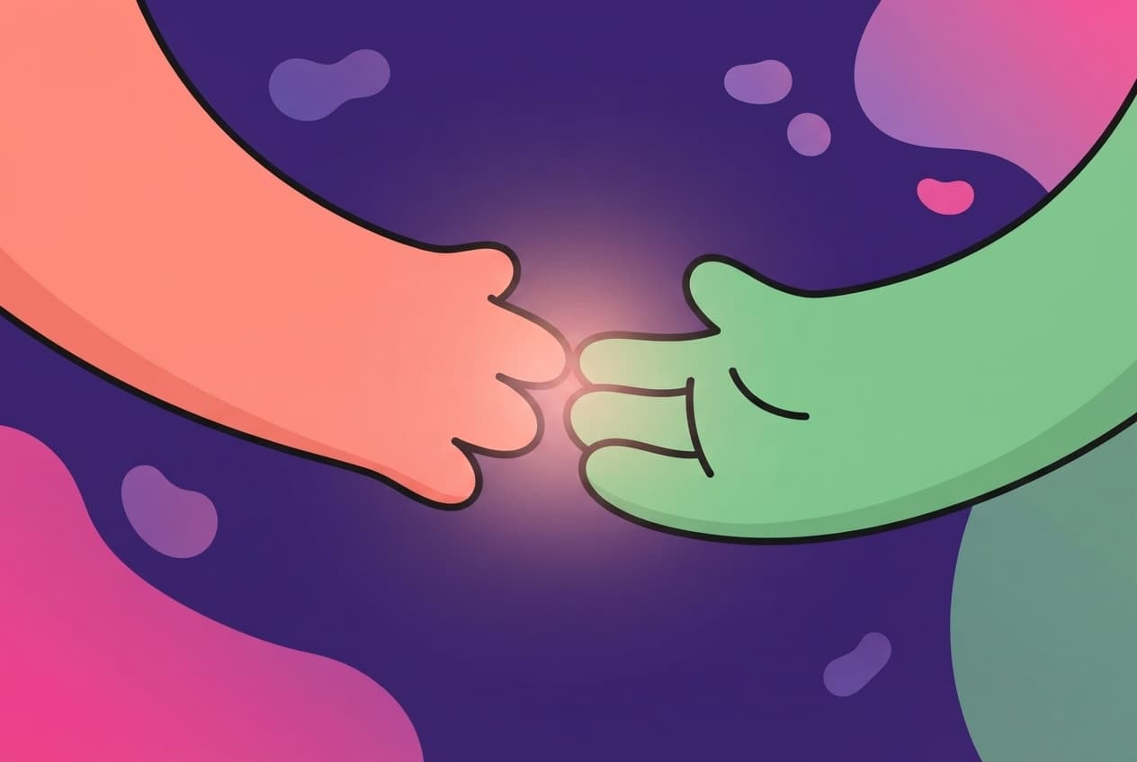 close two-shot of the coral partner reaching a hand across a small gap toward the mint partner's open, waiting hand, their fingertips almost touching, a soft glow where they meet.