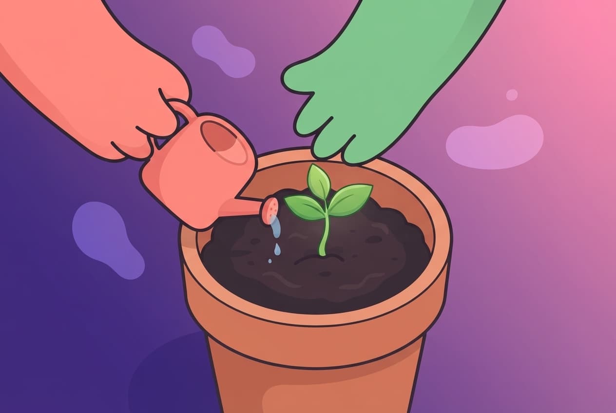 A tiny coral and mint plant seedling being carefully watered in early morning light, a visual metaphor for tending intimacy as a practice before anything is wrong.