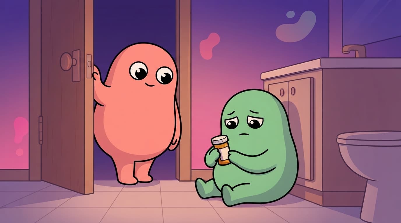 The mint peek partner sits on the bathroom floor at night holding a small pill bottle, the coral partner leaning gently in the doorway behind them, both soft and tired, not blaming.