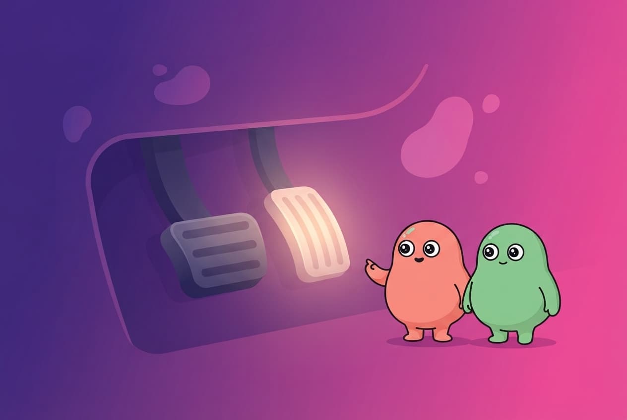 A visual metaphor of desire as a car with two pedals: a soft accelerator glowing warm and a heavy brake pressed down, with the coral and mint peek partners standing beside it looking at the brake together.