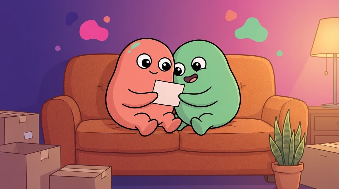 The coral and mint peek couple curled up on their new couch surrounded by half-unpacked boxes, trading question cards by lamplight.