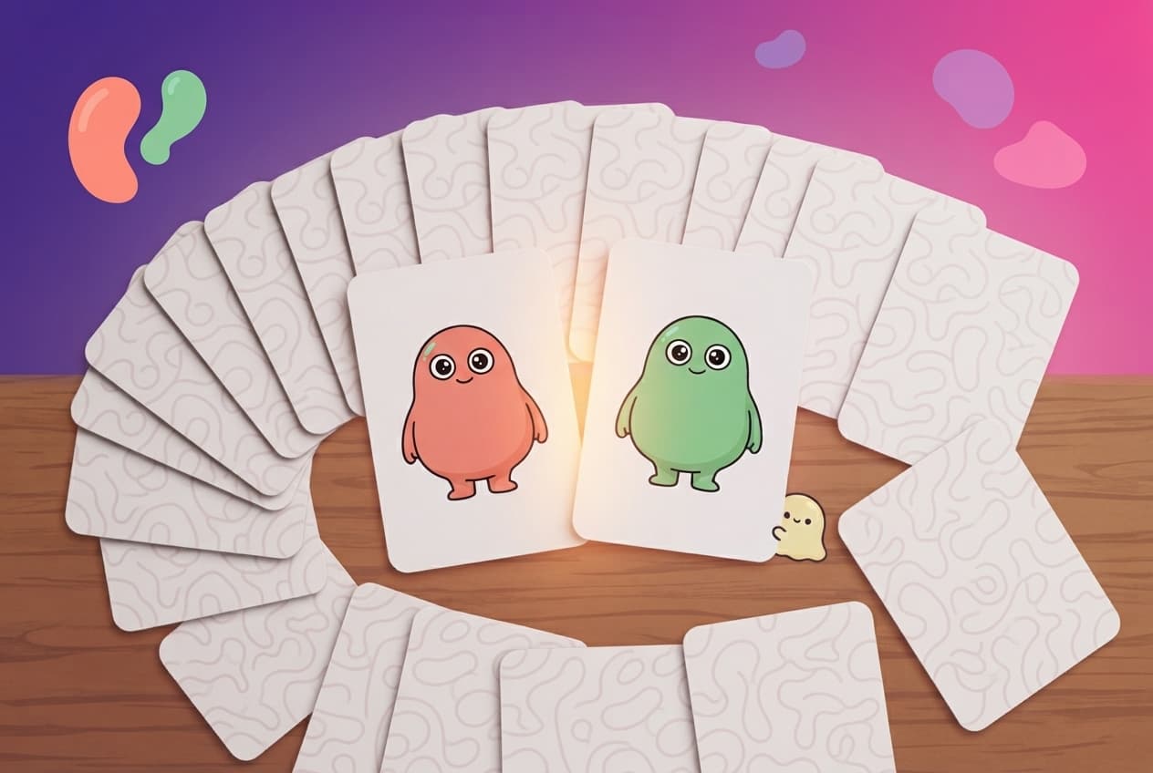 A fanned-out deck of playful question cards glowing softly, two of them turned face up and touching in the middle.