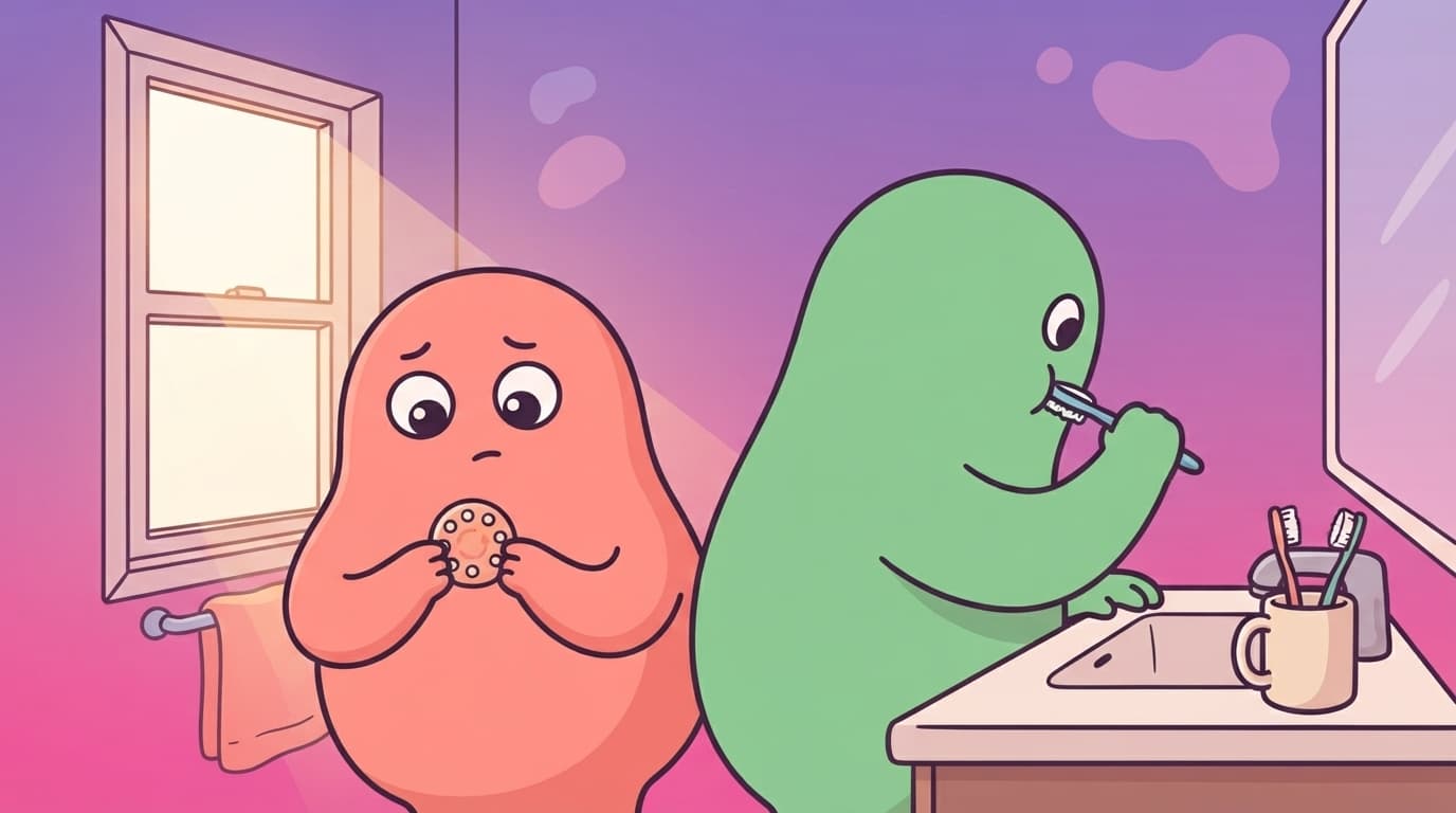 The coral peek partner stands in a sunlit bathroom holding a pill packet, looking thoughtful, while the mint partner brushes their teeth nearby, an ordinary morning where a quiet question is forming.