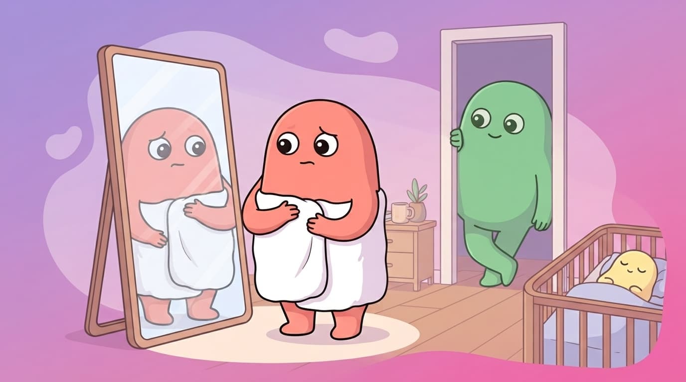The coral peek partner stands in front of a bedroom mirror in soft morning light, studying her changed reflection, while the mint partner watches warmly from the doorway.