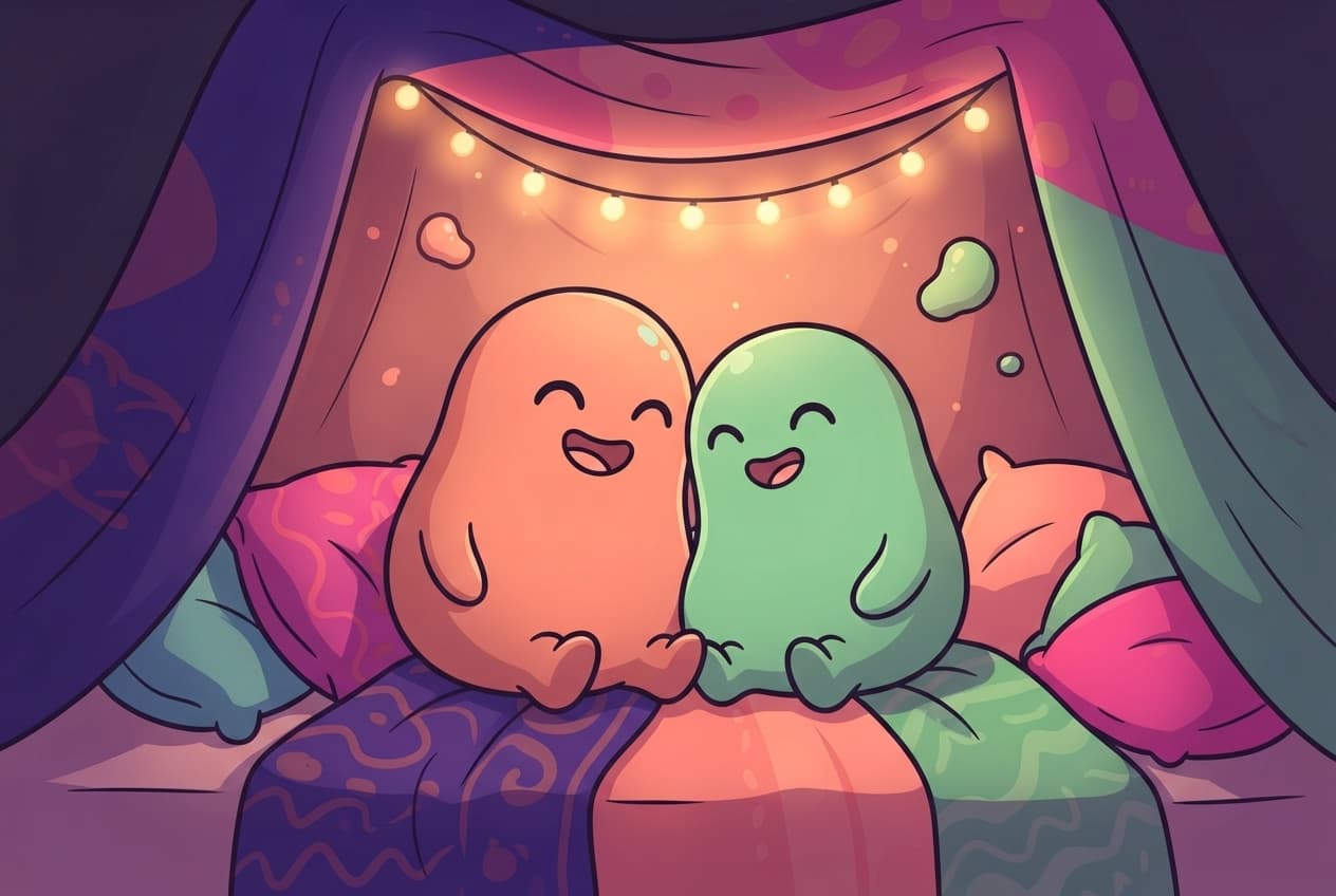A close two-shot of the coral and mint peek couple laughing together under a blanket fort, the harsh overhead light switched off in favour of a single warm lamp.