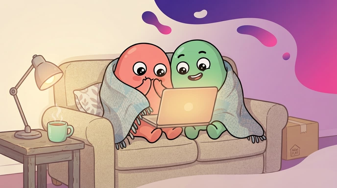The coral and mint peek couple squeezed into one corner of the sofa at night under a blanket, both peering at a single glowing screen, one hiding a giggle behind a cushion while the other grins.