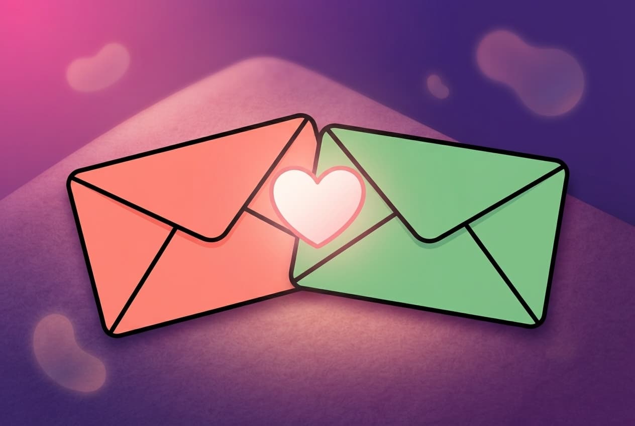 a close-up of two sealed envelopes side by side, one coral and one mint, with a single shared glowing heart rising only from where the two overlap.