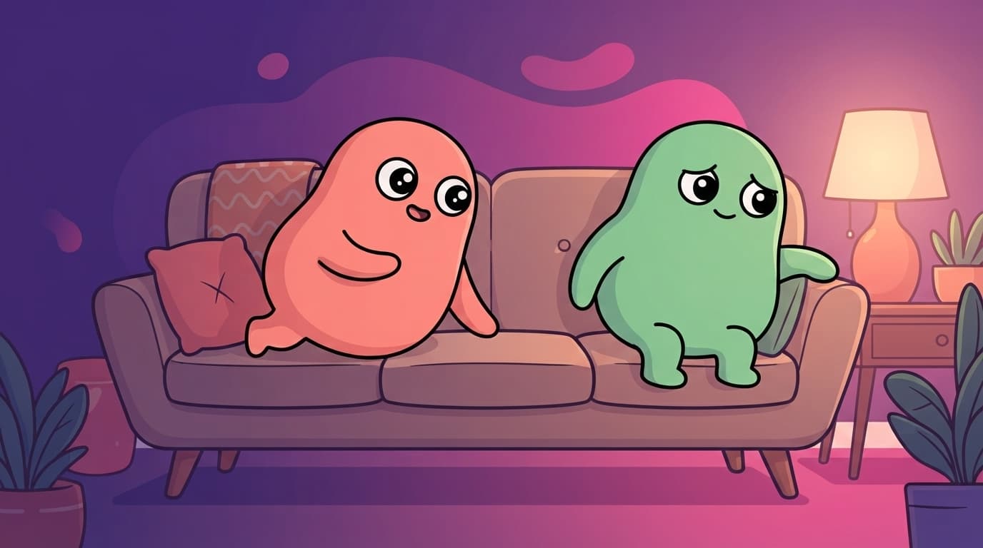The coral peek partner leans in reaching across the sofa while the mint partner drifts toward the far armrest, a widening gap of cushion between them in the lamplight.
