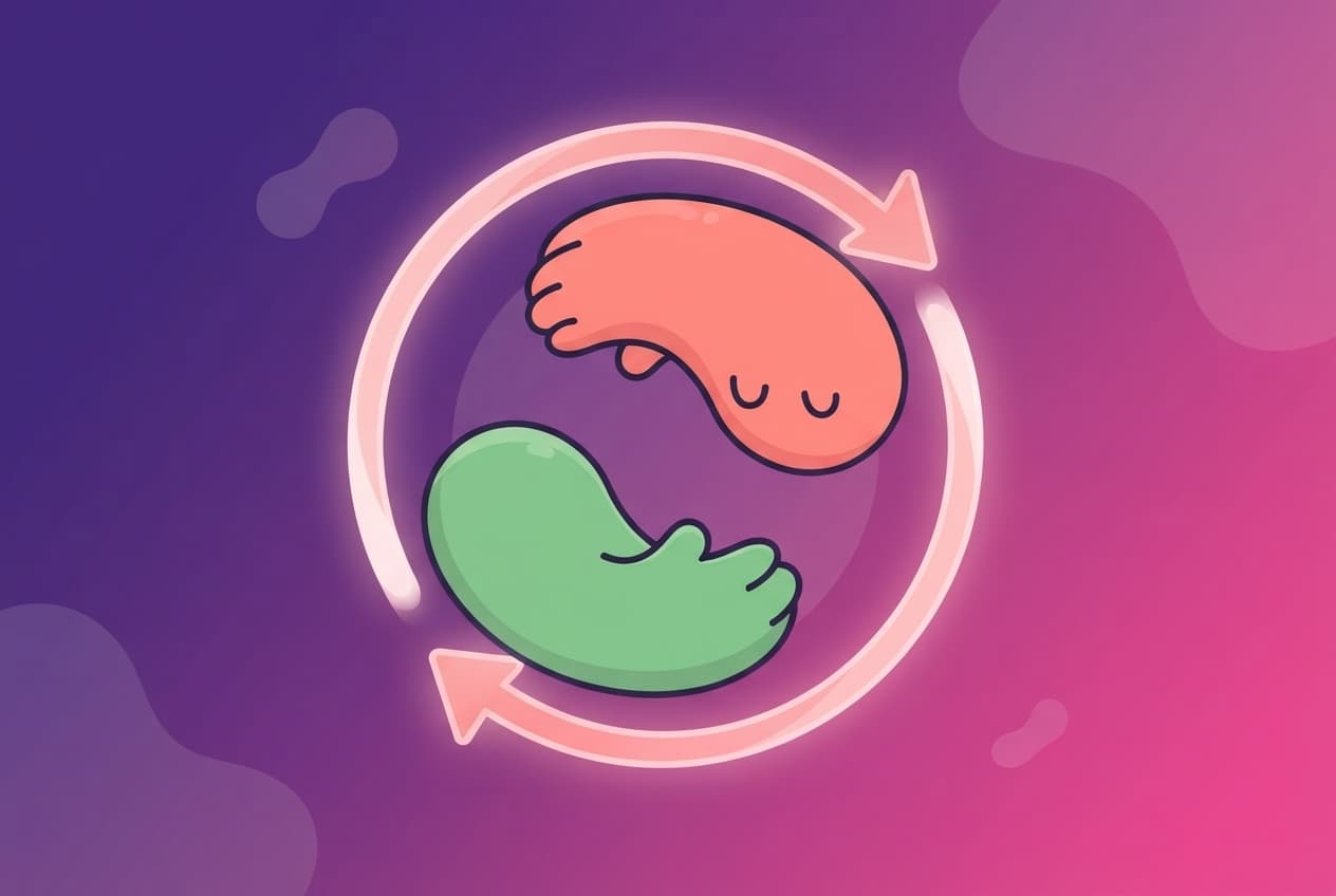 Two blob-humanoid hands on a purple background, one coral one mint, reaching toward each other in an endless loop shaped like a chasing circle so neither ever catches up.