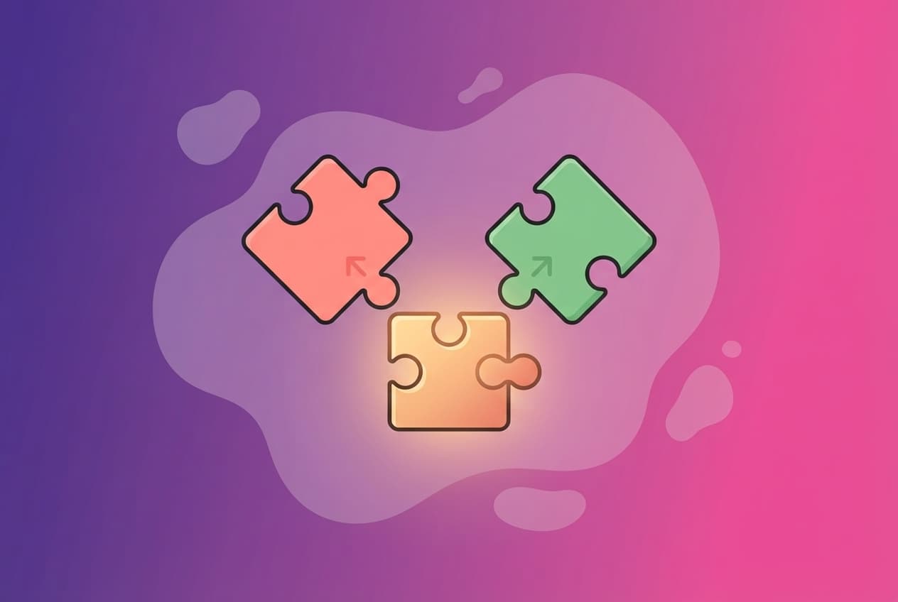 Two mismatched puzzle pieces, one coral and one mint, gently sliding toward a shared middle piece that fits both.