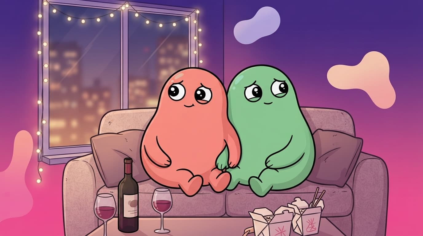 The coral and mint peek partners sit close on a city apartment sofa at night, warm and easy together, wine and takeout between them, both quietly gazing off in slightly different directions.