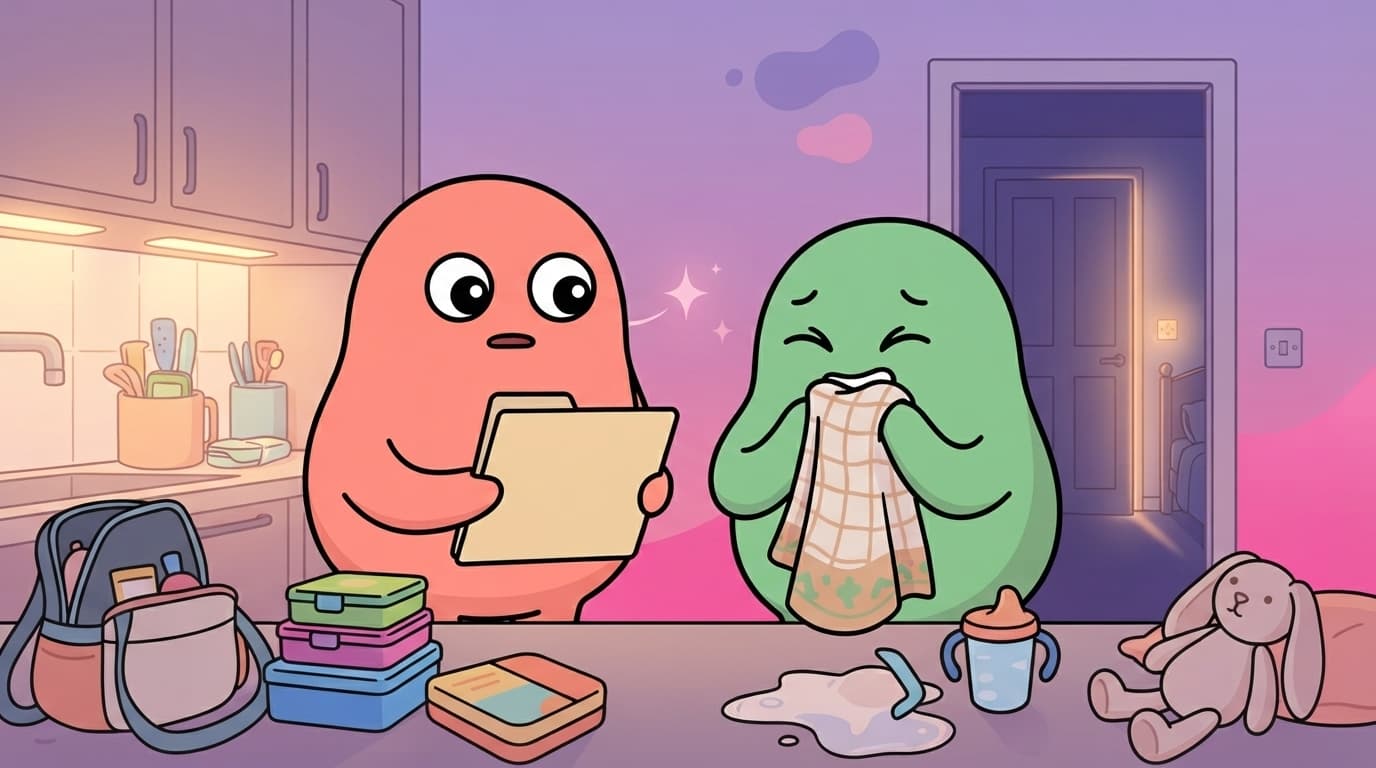 The coral and mint peek couple standing at the kitchen bench late in the evening amid a mess of toys and lunchboxes, one mouthing something deadpan while the other stifles a laugh behind a tea towel.