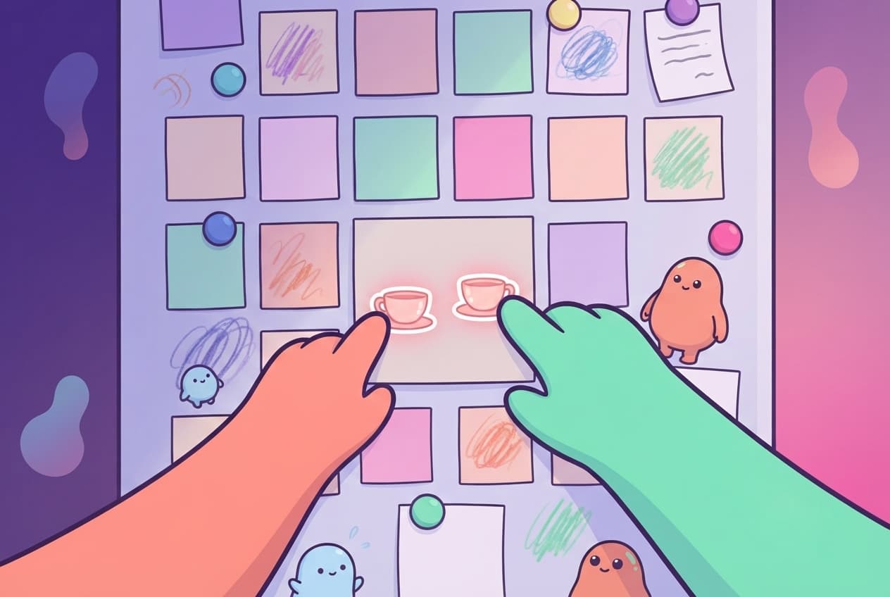 A close-up visual metaphor: two hands, one coral and one mint, each placing a small identical teacup sticker on the same square of a busy fridge chart, and only those two stickers glow pink among the plain pastel squares and crayon scribbles.