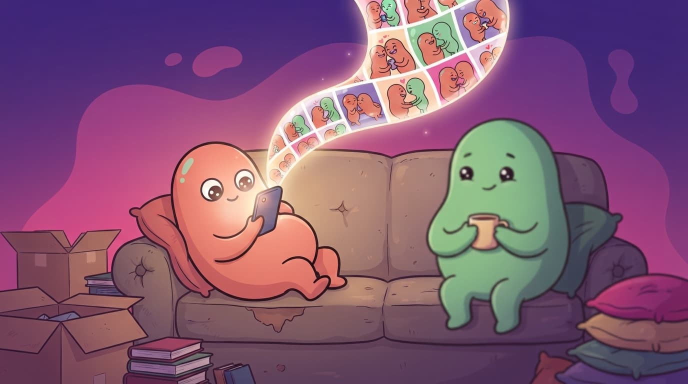 the coral peek partner scrolls a phone on the sofa, lit by a glowing feed of tiny idealised blob couples, while the mint partner beside them is soft-focus and unnoticed.