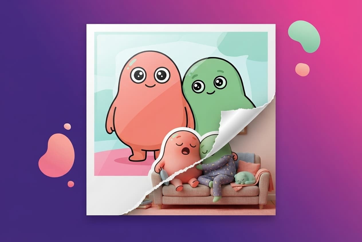 a single glossy framed photo of a perfect blob-humanoid couple, with a torn edge peeled back to reveal an ordinary tired-but-close coral and mint couple behind it.