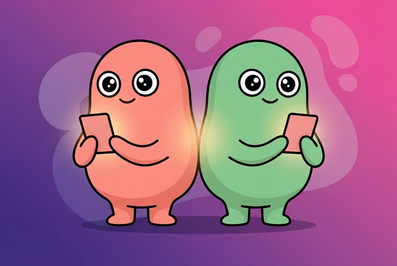 The coral and mint peek couple back to back, each privately holding up a small glowing card that lights up only where the two cards meet.