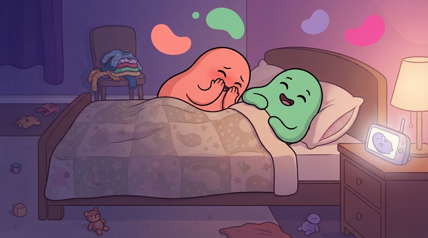 The coral and mint peek partners lie in bed at night, the coral partner hiding a flushed, giggling face behind both hands mid-whisper while the mint partner laughs into the pillow, a baby monitor glowing on the bedside table.
