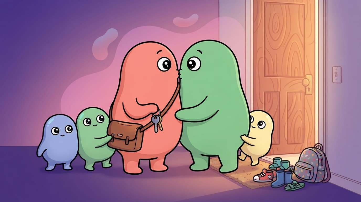 a coral blob-humanoid and a mint blob-humanoid sharing a slow kiss by the front door while two small blob kids and a scattered pile of shoes wait behind them