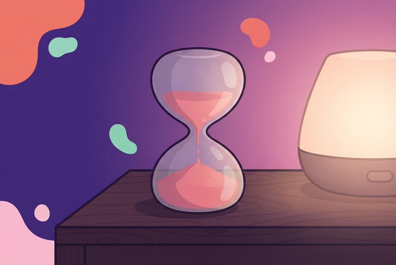 a close view of a small hourglass with pink sand nearly run through, resting on a bedside table beside a softly glowing lamp