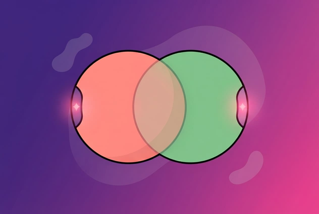 two overlapping circles, one coral and one mint, that have drifted so far into each other they've become almost a single shape, with a thin bright spark reigniting in the small crescent where they still stand apart.