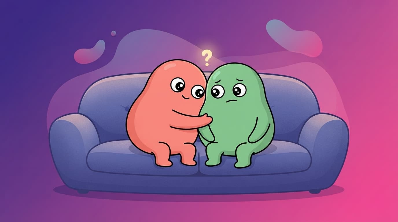 The mint peek partner sits stiffly upright on the sofa mid-hug while the coral partner leans in, a small tense question mark of hesitation hovering in the space between them.