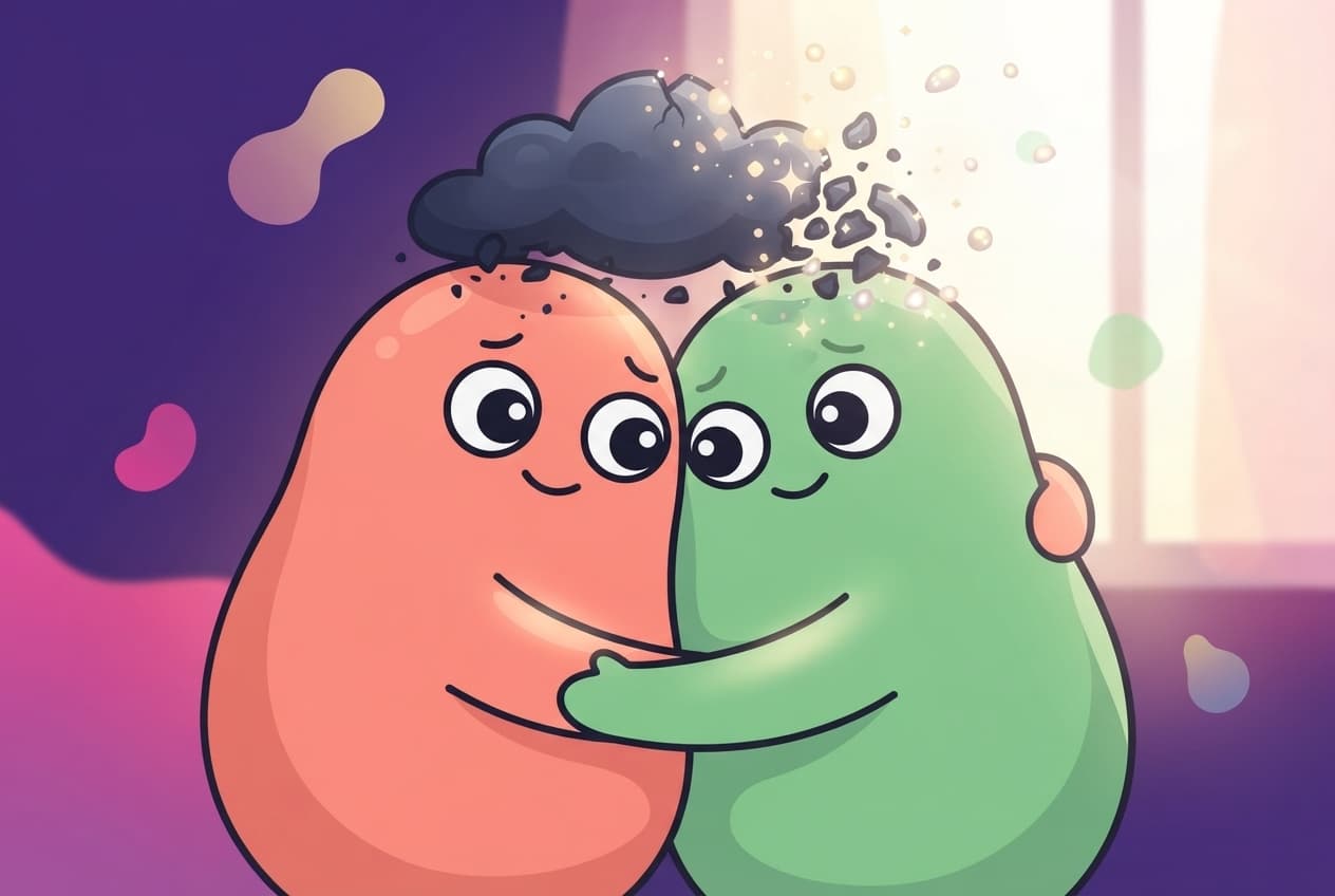 A single warm hug between the coral and mint peek partners shown with a heavy invisible weight lifting off their shoulders, the touch turning light and easy as the pressure floats away.