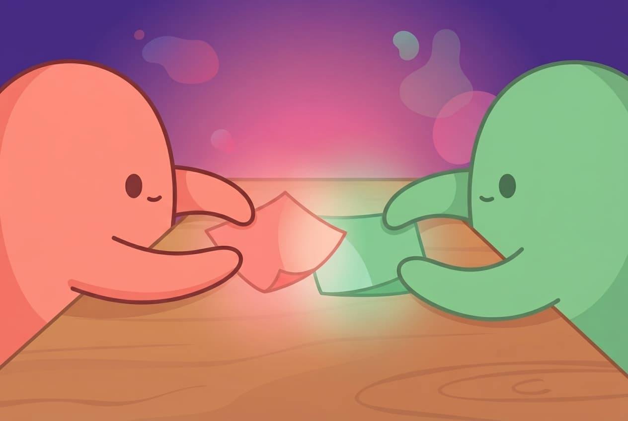 Two small folded paper notes passing between the coral and mint peek couple's hands, each note glowing softly as they meet in the middle.