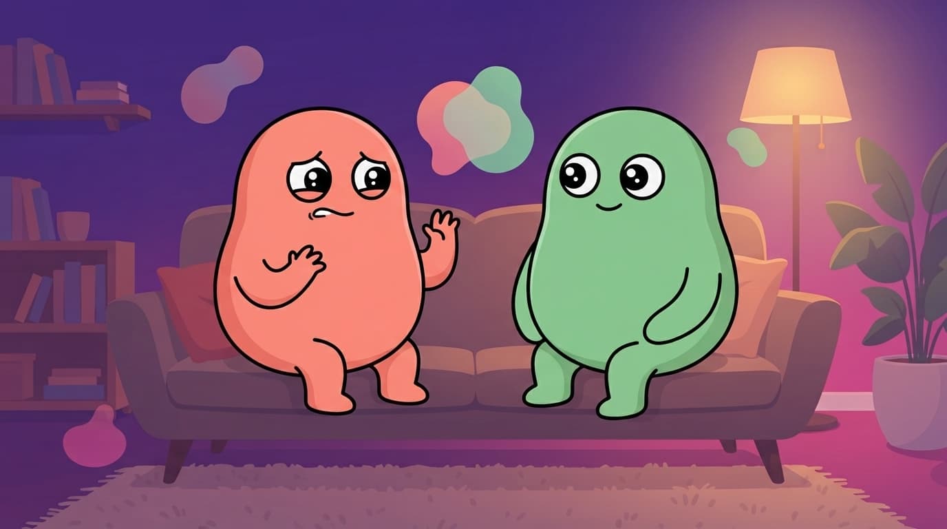 The coral peek partner sits on the sofa mid-sentence with a small wince, the words caught, while the mint partner listens warmly, a half-said want hovering in the quiet between them.