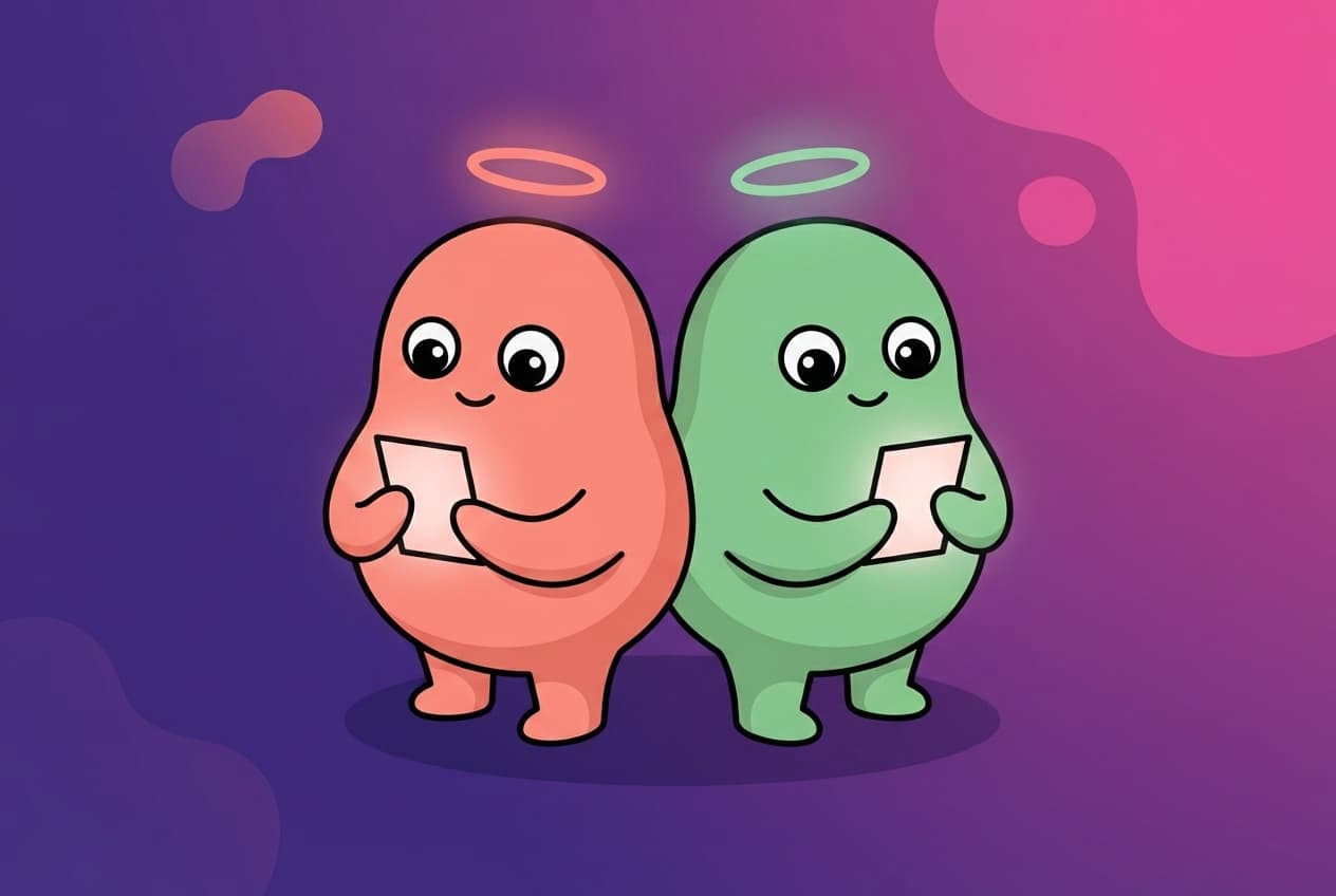 The coral and mint peek partners stand back to back in the dark, each privately turning over a small glowing card only they can see, two secret wants lit up side by side.