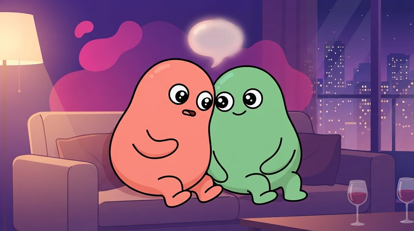 The coral peek partner sits close to the mint partner on a city-apartment sofa at night, a half-formed thought held just behind their lips, the sentence they keep not quite saying.