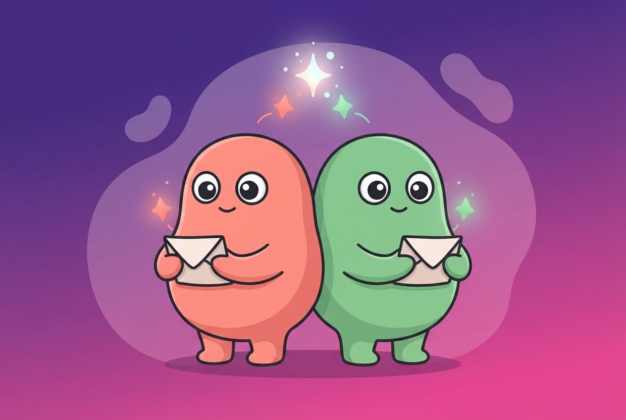 The coral and mint peek couple stand back to back, each holding a small folded card face-in, while two matching glow-sparks lift from the cards and meet in the air above them.