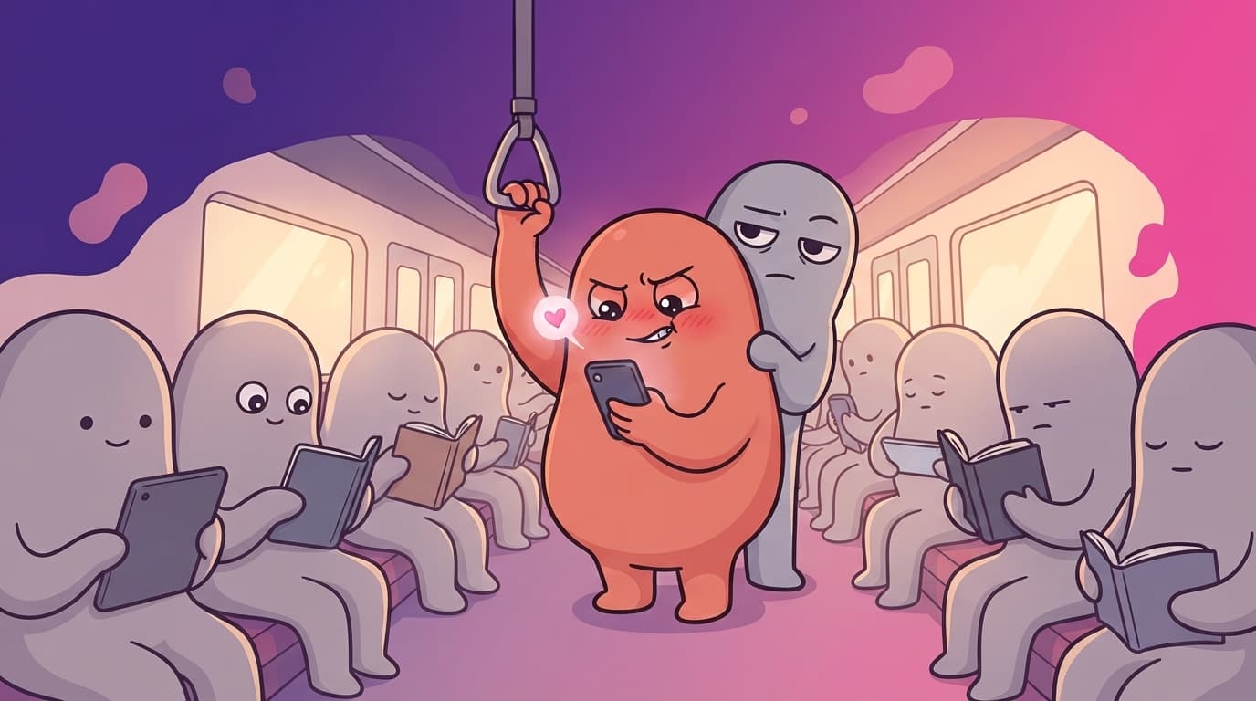 The coral peek partner on a crowded afternoon train, smirking at a phone while a bored grey stranger reads over their shoulder and sees nothing interesting at all.