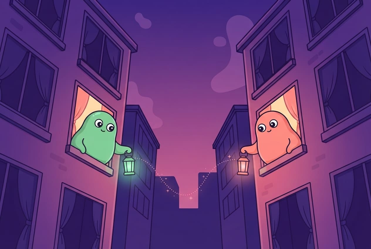 At night, the coral and mint peek partners lean out of two facing apartment windows across a quiet street, signalling to each other with small glowing lanterns while every other window is dark.