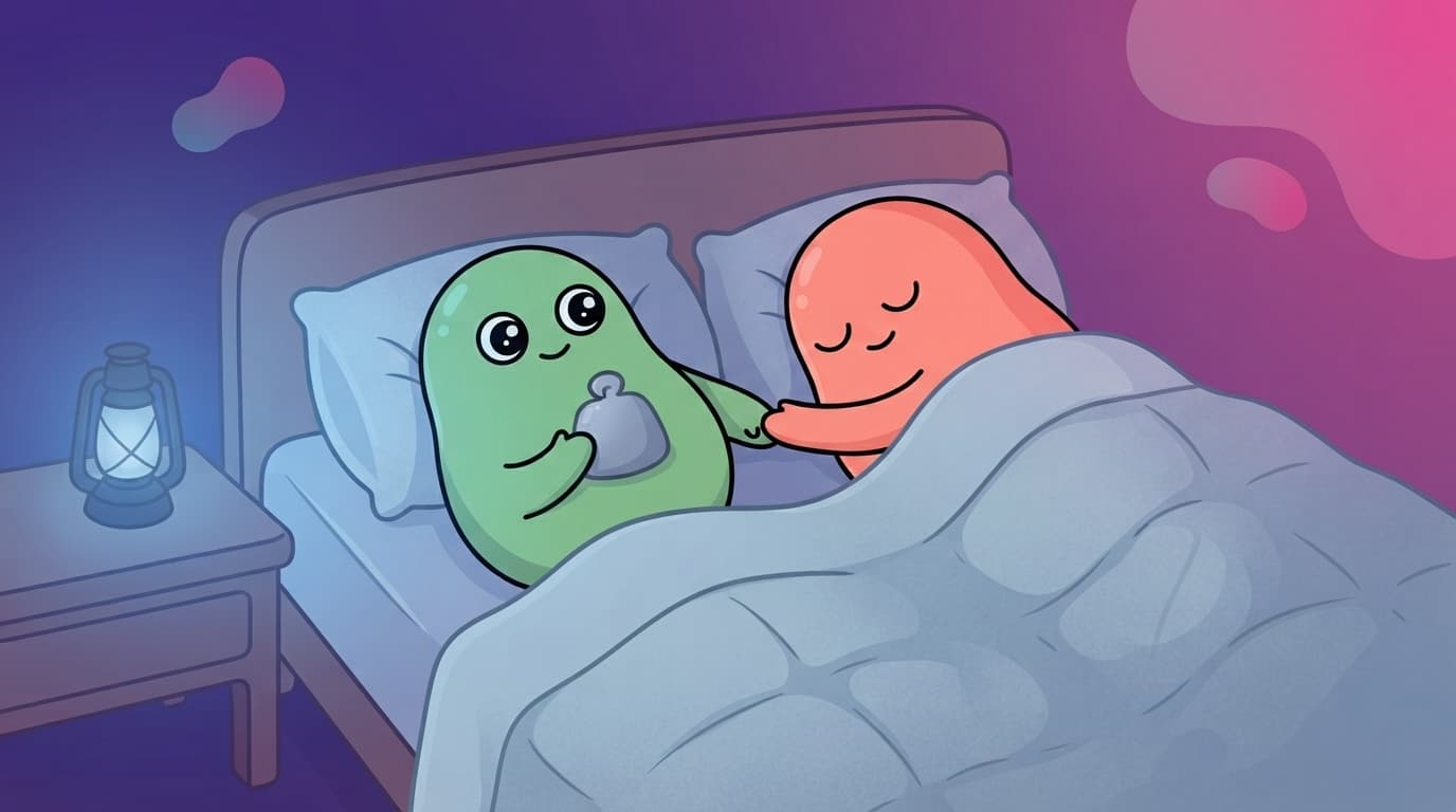 The mint peek partner lies awake at night with eyes open, a small heavy weight of guilt resting on their chest, while the coral partner sleeps turned toward them, one arm reaching across the gap between them.