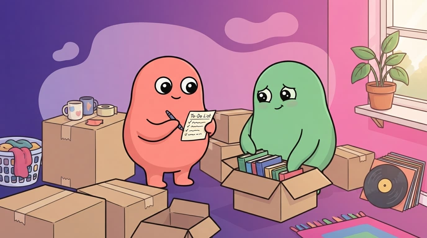 The coral and mint peek couple unpack moving boxes in a new shared flat, close but a little distracted, one hovering over a to-do list while the early-days sparkle settles into ordinary life around them.