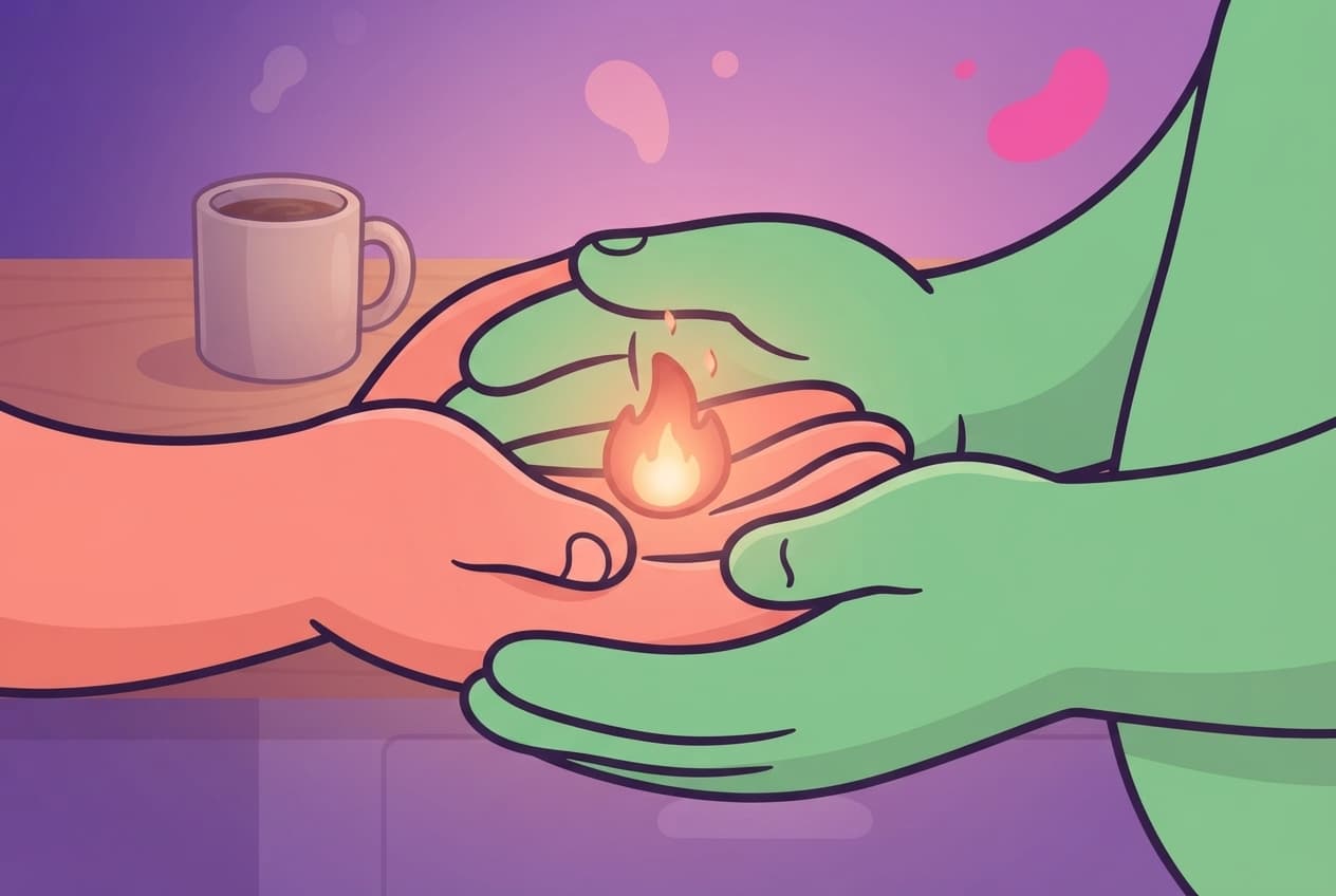 A single bright spark from the couple's early days sits sheltered inside a cupped pair of coral and mint hands, still glowing steadily rather than going out, held between them over an ordinary kitchen counter.