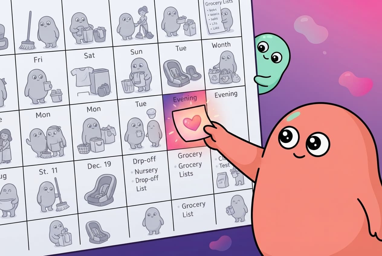 A blob-humanoid hand adds one small playful heart-shaped sticky note to a busy family wall calendar full of ordinary chores.