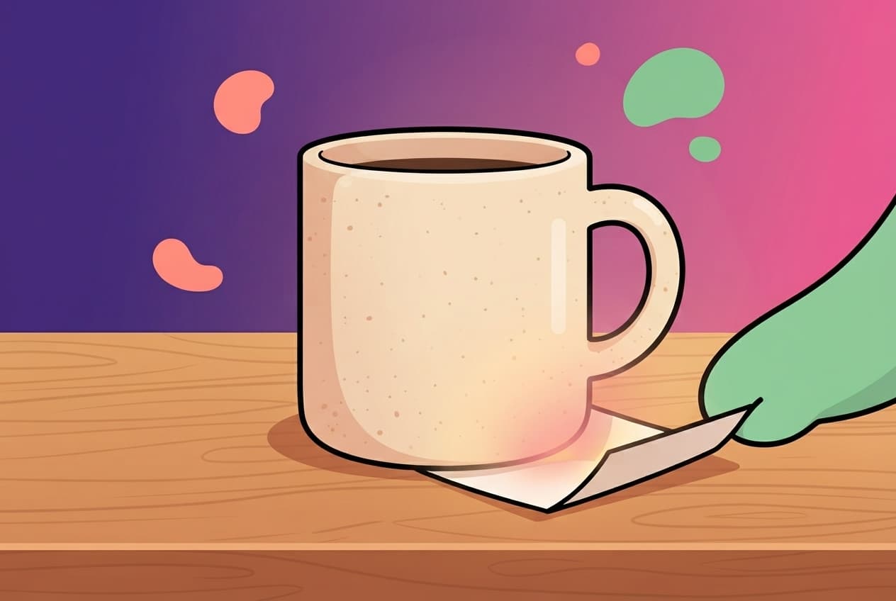 A small folded note tucked under a coffee mug on a kitchen counter, a mint blob hand just leaving it for the coral partner to find later.
