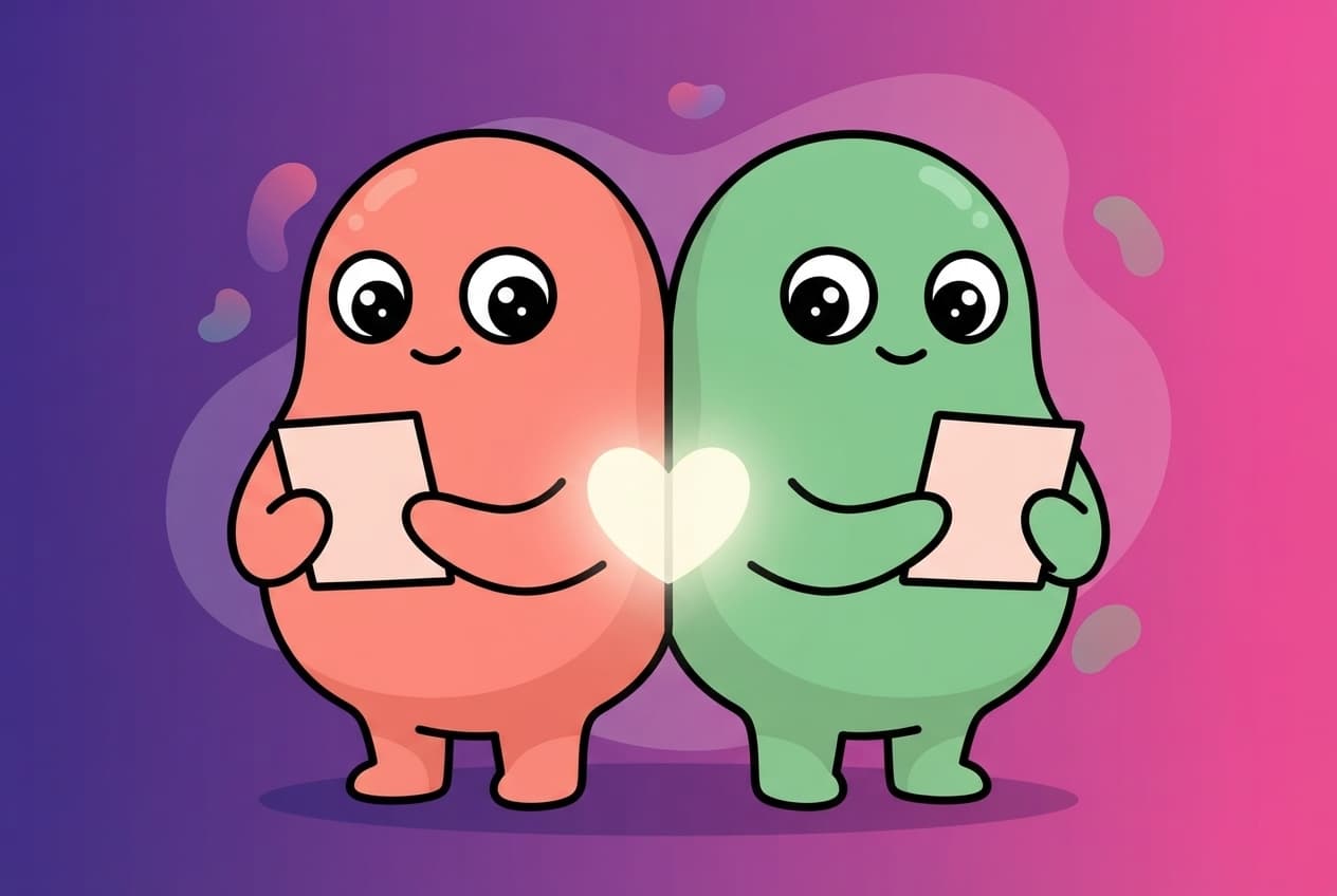 The coral and mint peek couple standing back to back, each privately holding up a small card that only lights up where the two cards overlap.