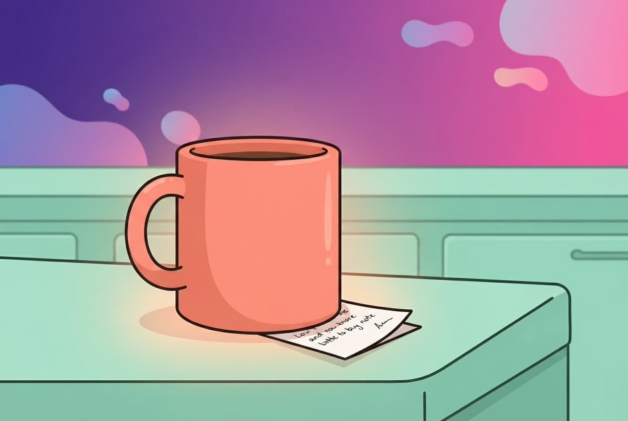 A close view of a folded handwritten note tucked under a coffee mug on a kitchen counter, a small flirty bid left for a partner to find.