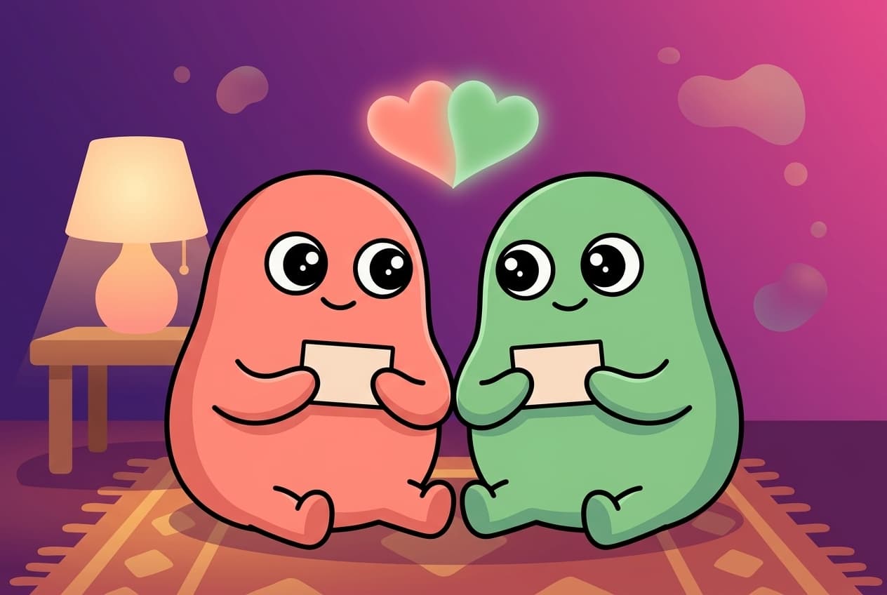 The coral and mint peek couple sit close together, each holding a plain card hidden against their chest, while two matching glowing hearts rise and meet to form one heart above them.