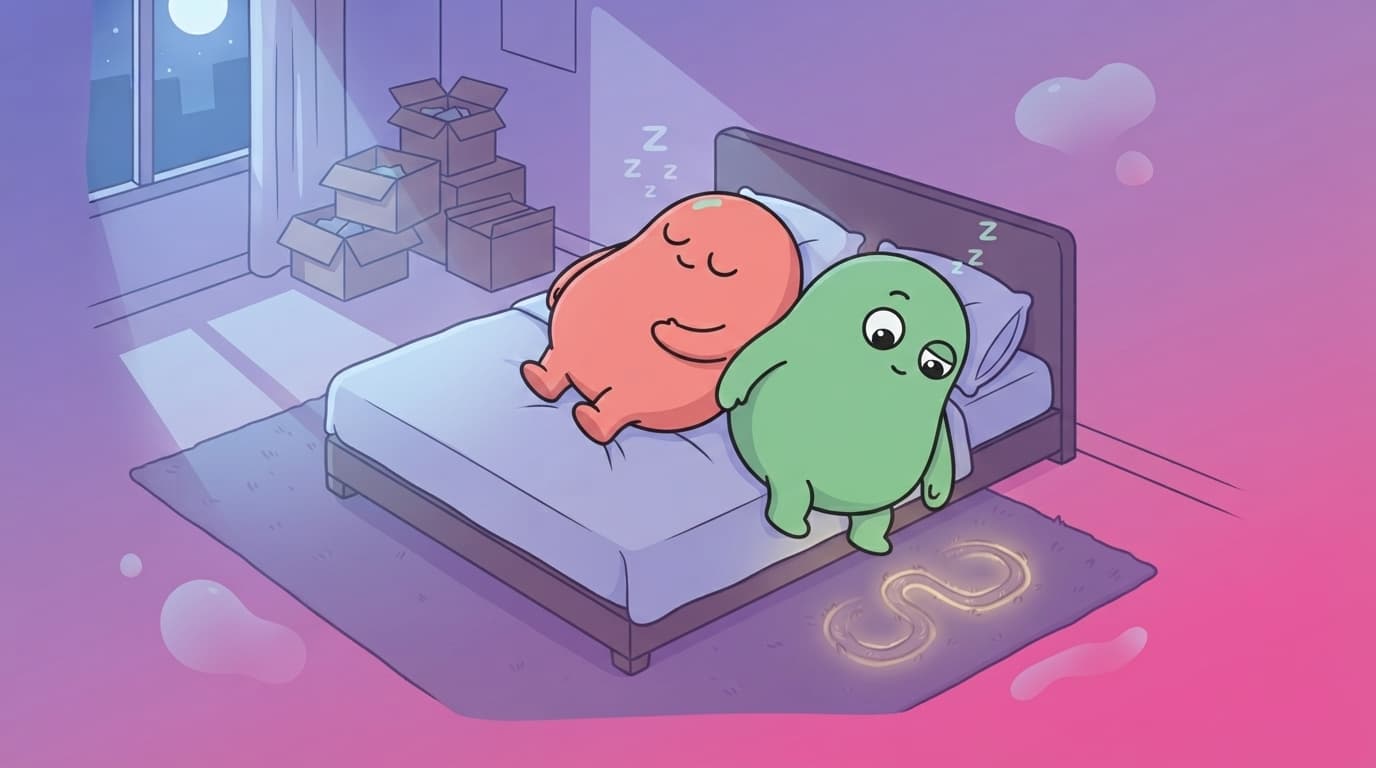 The coral and mint peek couple asleep back to back in a tidy bedroom while a faint groove worn into the floor loops the same path between their two sides of the bed.