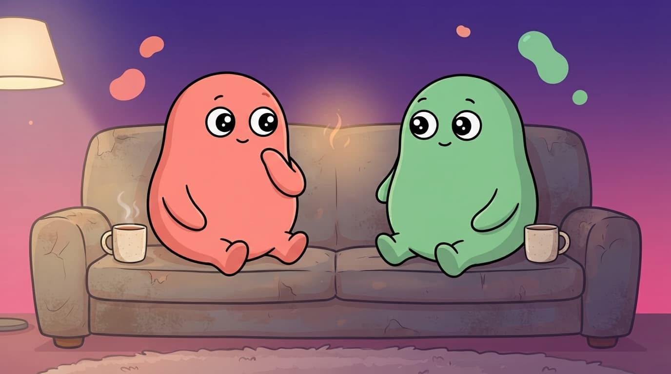 coral and mint blob-humanoid couple sitting a little apart on a worn couch, each quietly curious, a soft glow between them hinting at something not yet said