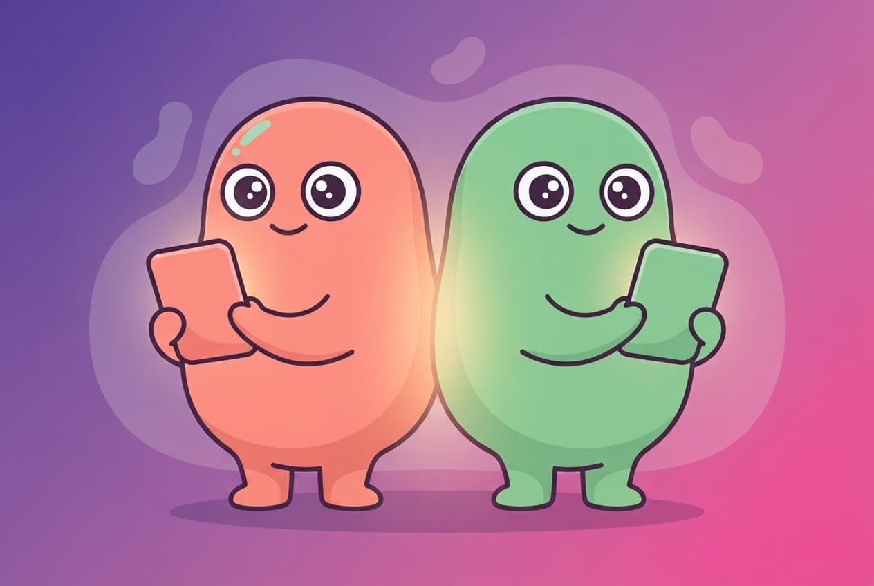 coral and mint blob-humanoid characters back to back each secretly holding up a small playful card, the cards glowing where they line up