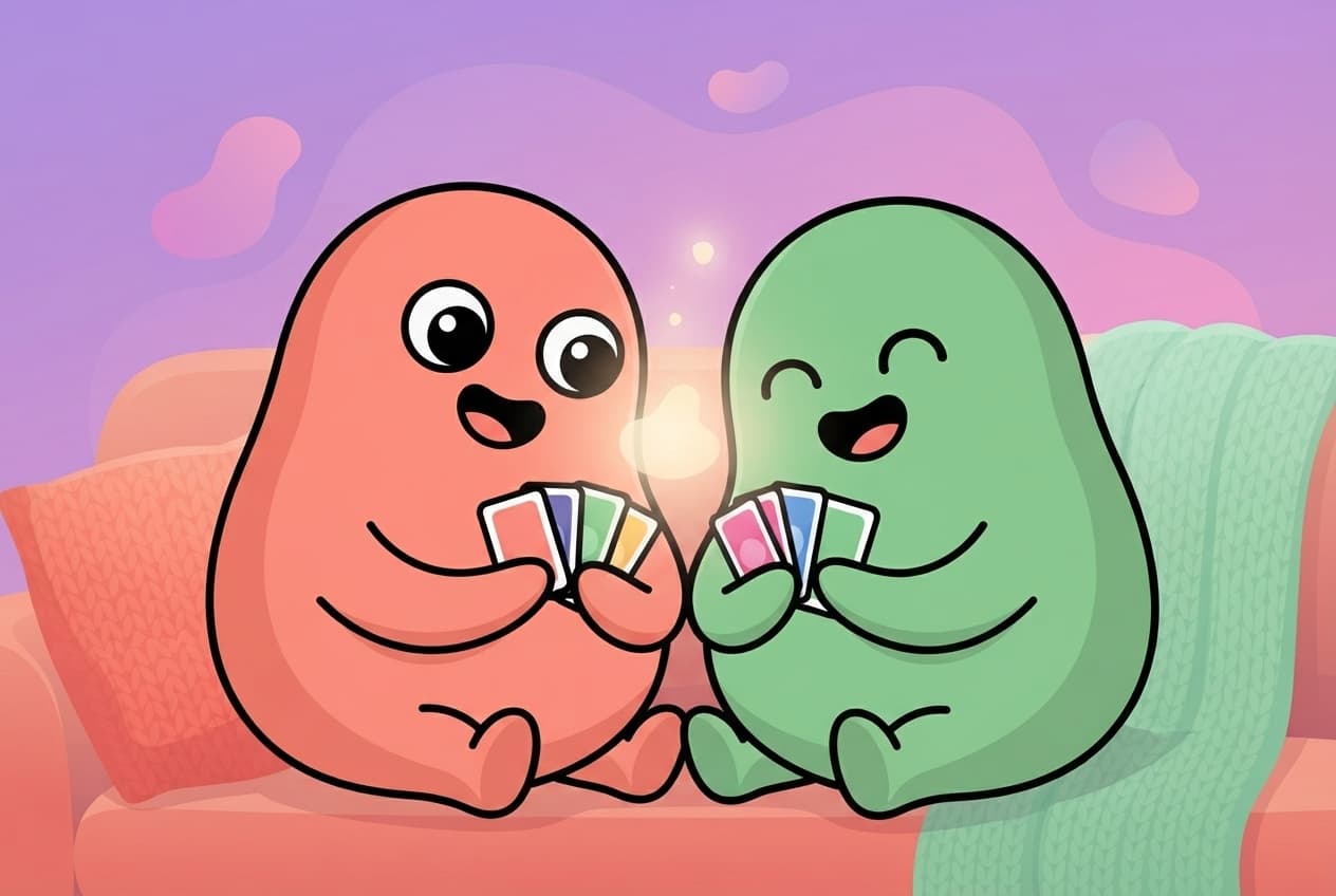 The coral and mint peek couple laughing on the couch, each holding a playful card fanned out like a hand of cards, a soft glow between them.
