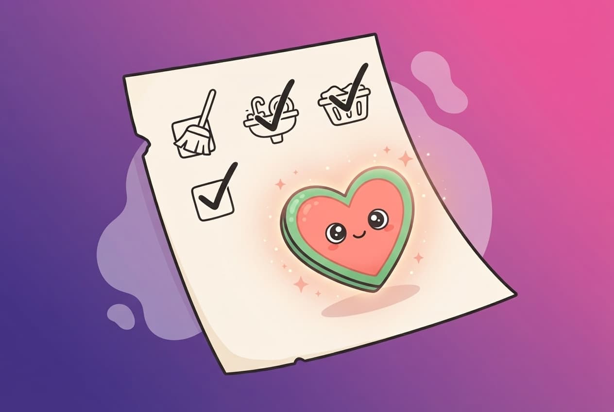 A playful visual metaphor: a household chore checklist where the last box has been swapped for a small glowing heart-shaped card instead of another task.