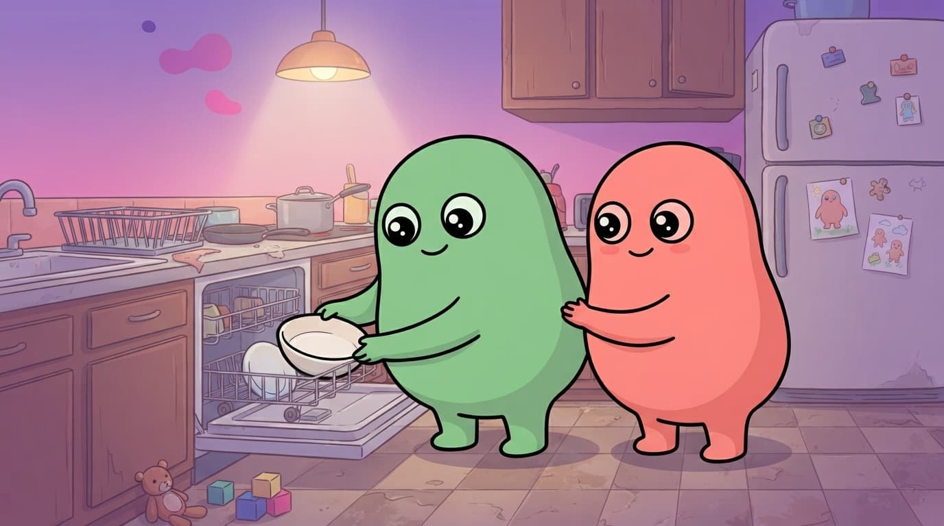 The coral and mint peek couple at a cluttered kitchen counter, coral catching mint's eye with a warm grateful smile while mint unloads the dishwasher.