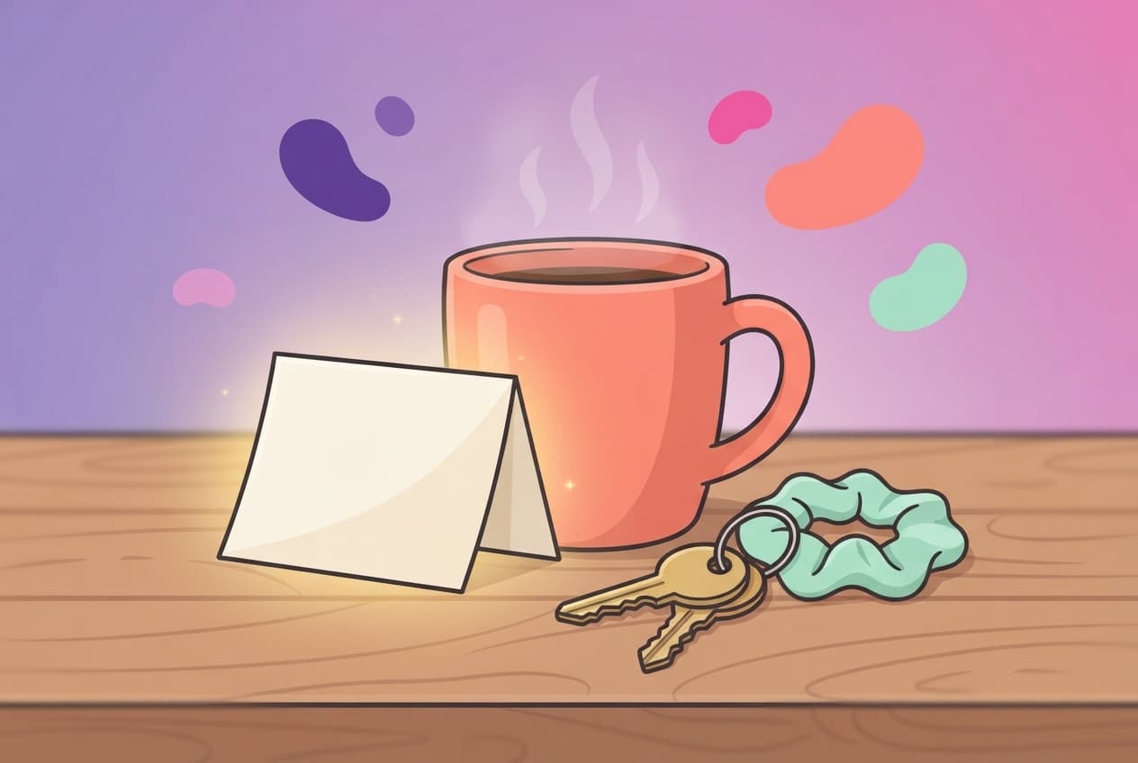 A small folded note left propped against a coffee mug on a kitchen table, glowing softly, no people in frame.