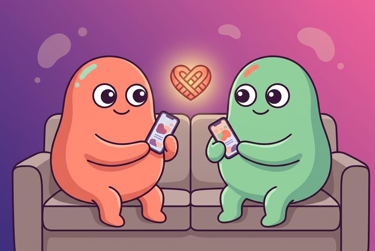 The coral and mint peek couple reaching for each other's hands across a quiet kitchen table after the kids are asleep.
